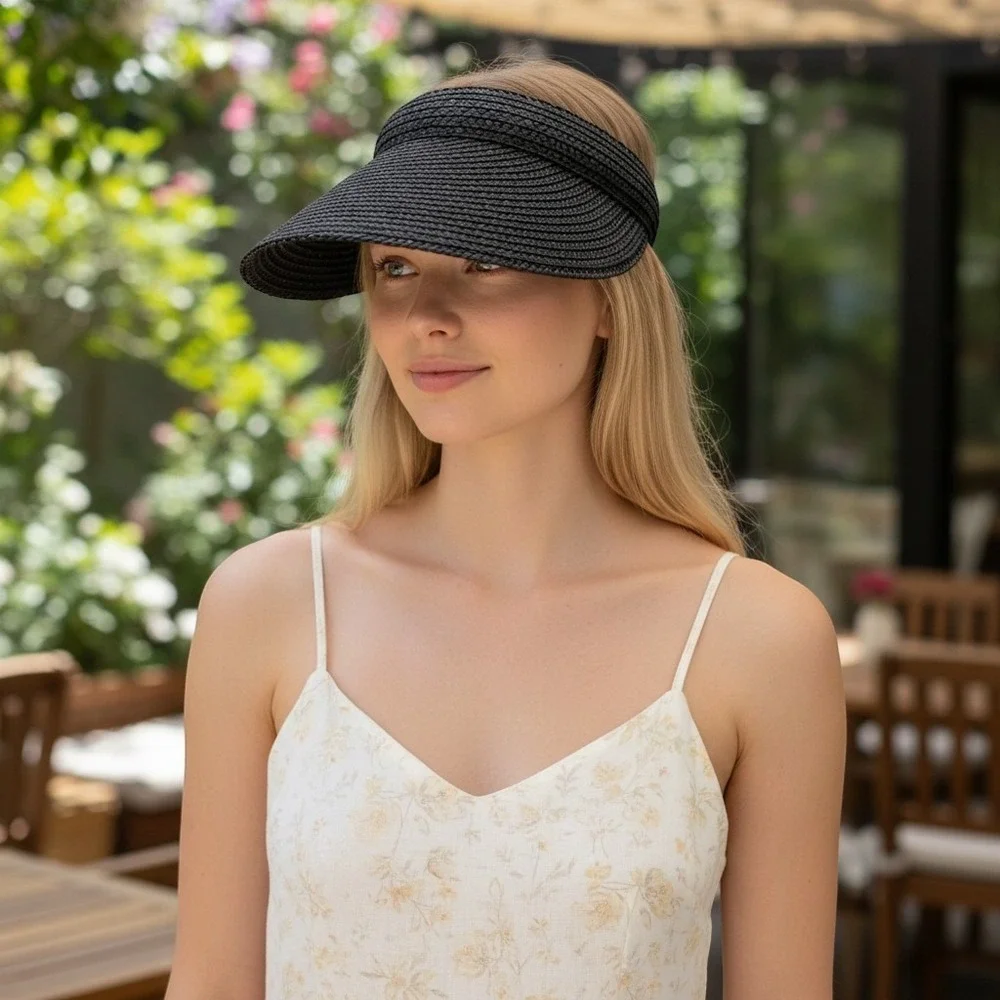 Scala Collezione Sun Visor Hat Womens One Size Black Braided Wide Brim resort